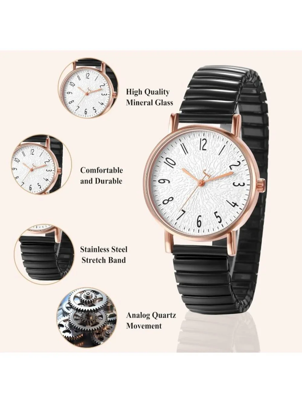 Women's Black Analog Quartz Elastic Strap Arabic Numerals Waterproof Wrist Watch